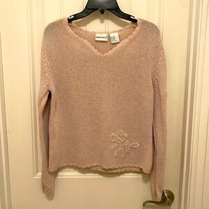 Fashion Bug Long Sleeve Ramie/Wool blend sweater Women's Sz S Tan embroidery